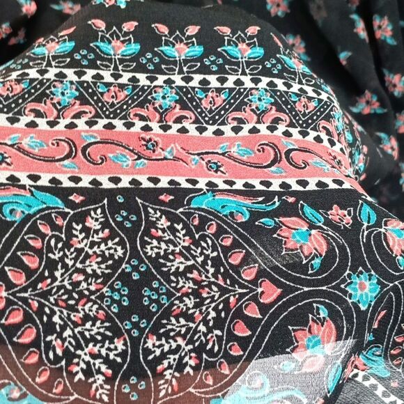 Womens Dark Floral Sheer Long Sleeve Boho Western Mini Dress / Belt sz L - Picture 11 of 14